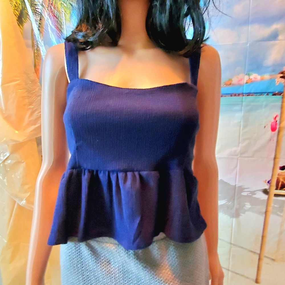 NWT 1.STATE Blue Cropped Peplum Tank Top - MED